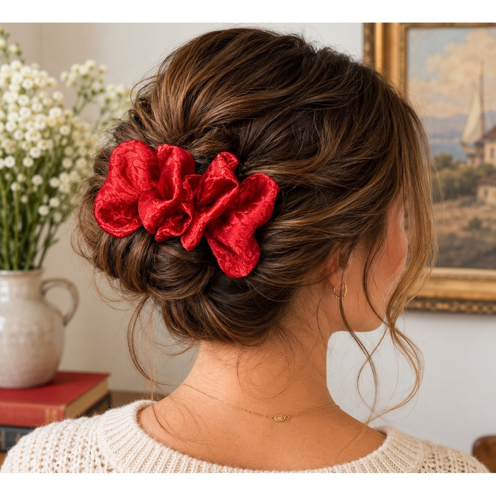 Vintage Red Satin Jacquard Bow Hair Barrette Romantic Cottagecore Coquette Clip